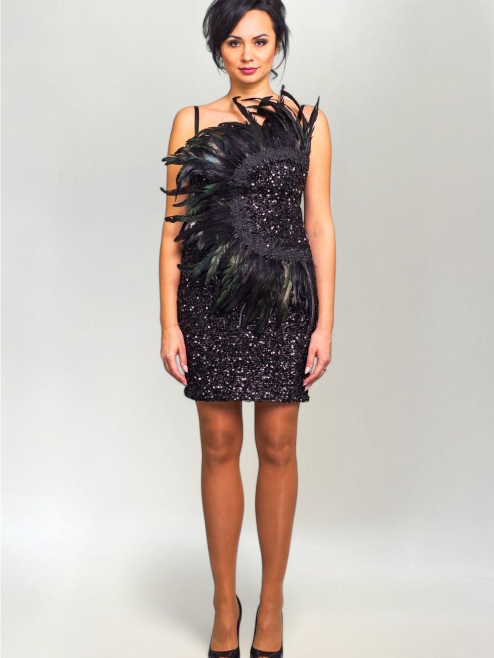 Black Feather-Embellished Sequin Mini Dress
